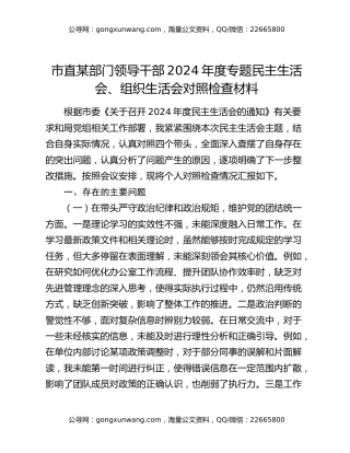 市直某部门领导干部2024年度专题民主生活会、组织生活会对照检查材料
