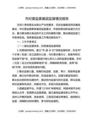 市纪委监委基层监督情况报告