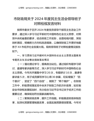 市财政局关于2024年度民主生活会领导班子对照检视发言材料