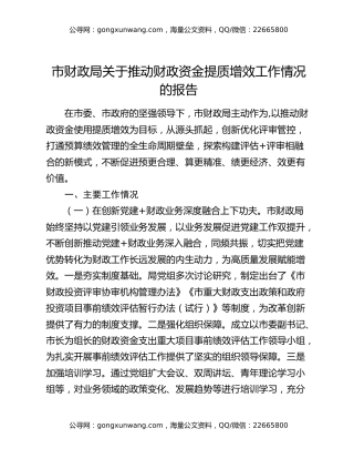 市财政局关于推动财政资金提质增效工作情况的报告