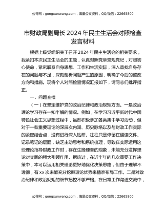 市财政局副局长2024年民主生活会对照检查发言材料