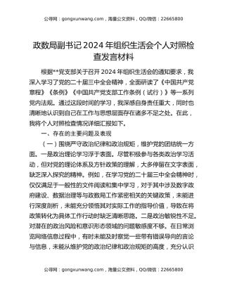 政数局副书记2024年组织生活会个人对照检查发言材料