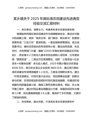 某乡镇关于2025年高标准农田建设先进典型经验交流汇报材料