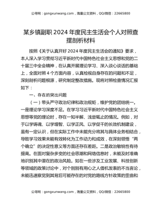 某乡镇副职2024年度民主生活会个人对照查摆剖析材料