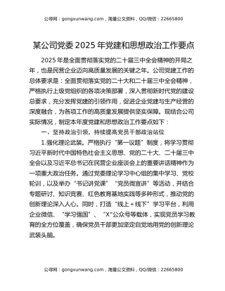 某公司党委2025年党建和思想政治工作要点