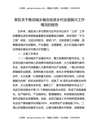 某区关于推动城乡融合促进乡村全面振兴工作情况的报告