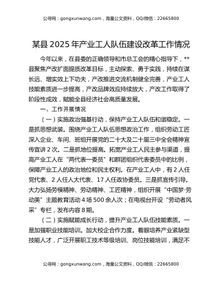 某县2025年产业工人队伍建设改革工作情况