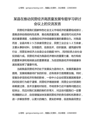 某县在推动民营经济高质量发展专题学习研讨会议上的交流发言