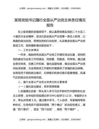 某局党组书记履行全面从严治党主体责任情况报告