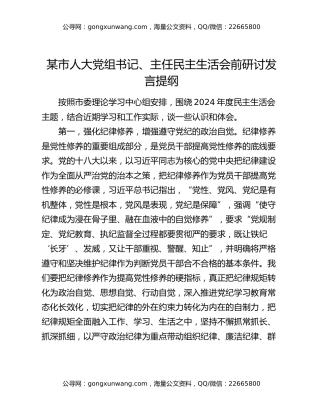 某市人大党组书记、主任民主生活会前研讨发言提纲