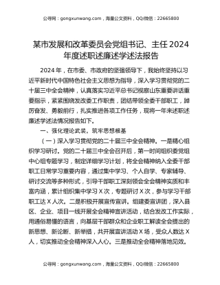 某市发展和改革委员会党组书记、主任2024年度述职述廉述学述法报告