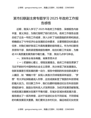 某市妇联副主席专题学习2025年政府工作报告感悟