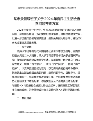 某市委领导班子关于2024年度民主生活会查摆问题整改方案