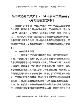某市政协副主席关于2024年度民主生活会个人对照检视发言材料