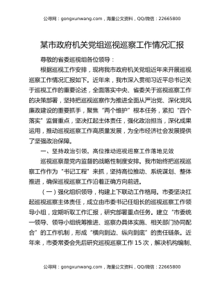 某市政府机关党组巡视巡察工作情况汇报