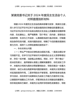 某镇党委书记关于2024年度民主生活会个人对照查摆剖析材料