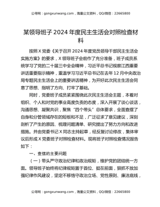 某领导班子2024年度民主生活会对照检查材料
