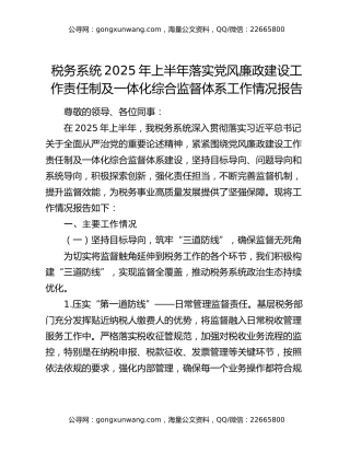 税务系统2025年上半年落实党风廉政建设工作责任制及一体化综合监督体系工作情况报告