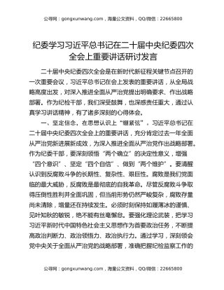 纪委学习习近平总书记在二十届中央纪委四次全会上重要讲话研讨发言