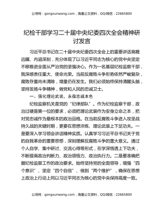 纪检干部学习二十届中央纪委四次全会精神研讨发言