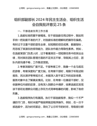组织部副部长2024年民主生活会、组织生活会自我批评意见25条