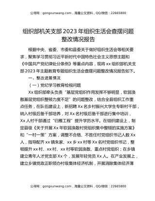 组织部机关支部2023年组织生活会查摆问题整改情况报告