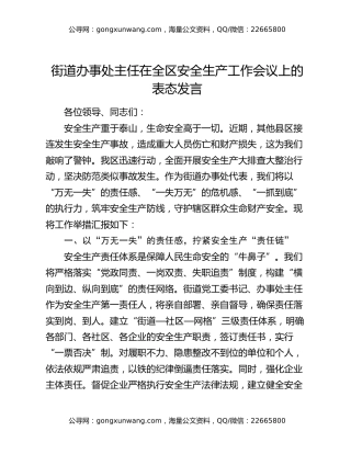 街道办事处主任在全区安全生产工作会议上的表态发言