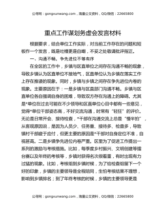 重点工作谋划务虚会发言材料