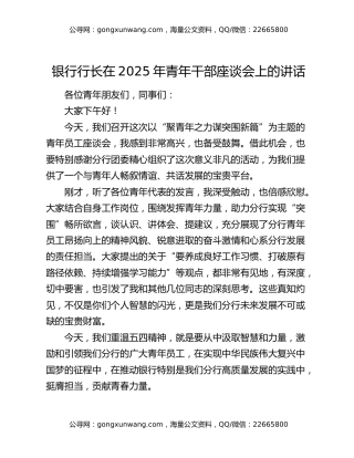 银行行长在2025年青年干部座谈会上的讲话