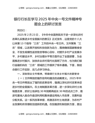 银行行长在学习2025年中央一号文件精神专题会上的研讨发言