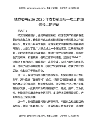 镇党委书记在2025年春节前最后一次工作部署会上的讲话