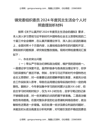 镇党委组织委员2024年度民主生活会个人对照查摆剖析材料