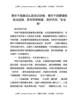 青年干部廉洁从政培训讲稿：青年干部要锤炼政治品格、筑牢思想根基，系好作风“安全带”