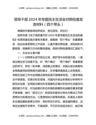 领导干部2024年专题民主生活会对照检查发言材料（四个带头）