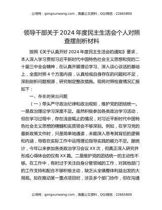 领导干部关于2024年度民主生活会个人对照查摆剖析材料