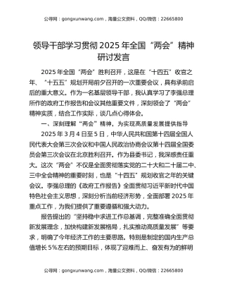 领导干部学习贯彻2025年全国“两会”精神研讨发言