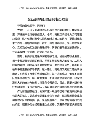 企业副总经理任职表态发言