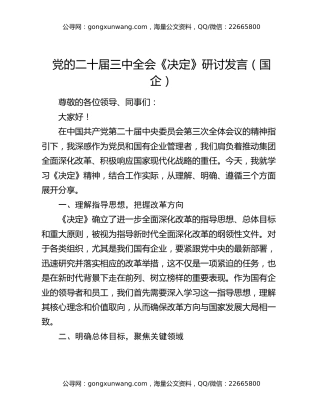 党的二十届三中全会《决定》研讨发言（国企）