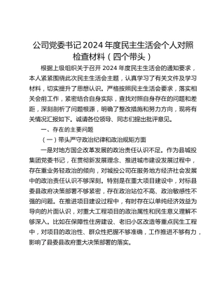 公司党委书记2024年度民主生活会个人对照检查材料（四个带头）