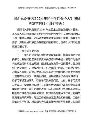国企党委书记2024年民主生活会个人对照检查发言材料（四个带头）