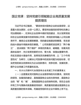国企党课：坚持党建引领赋能企业高质量发展提质增效