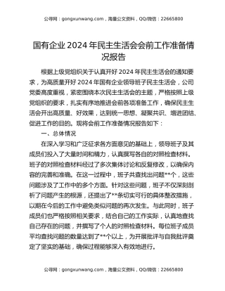 国有企业2024年民主生活会会前工作准备情况报告