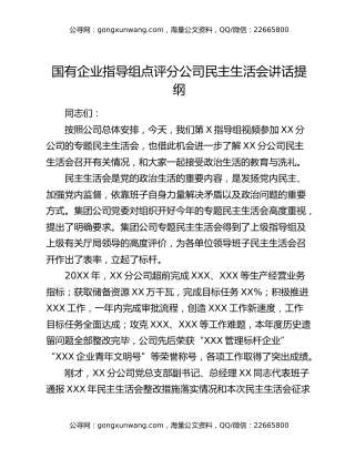 国有企业指导组点评分公司民主生活会讲话提纲