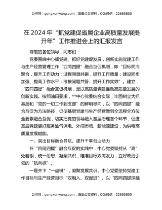 在2024年“抓党建促省属企业高质量发展提升年”工作推进会上的汇报发言
