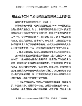 在企业2024年巡视整改反馈意见会上的讲话