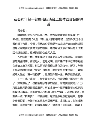 在公司年轻干部廉洁座谈会上集体谈话会的讲话
