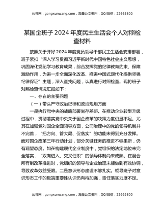 某国企班子2024年度民主生活会个人对照检查材料