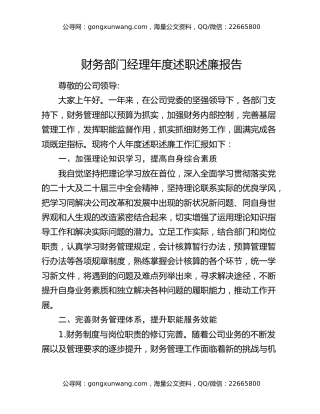 财务部门经理年度述职述廉报告