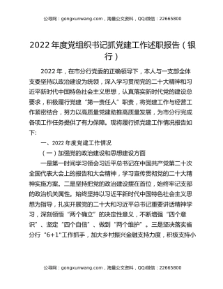 2022年度党组织书记抓党建工作述职报告（银行）