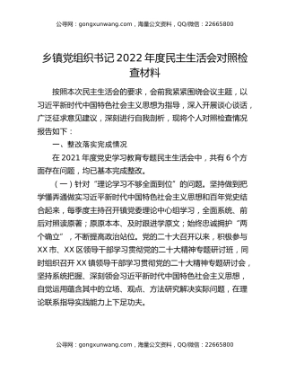 乡镇党组织书记2022年度民主生活会对照检查材料